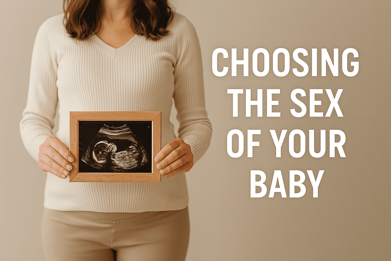 A person holds a framed ultrasound image in front of their torso. Next to them, text reads: "CHOOSING THE SEX OF YOUR BABY.