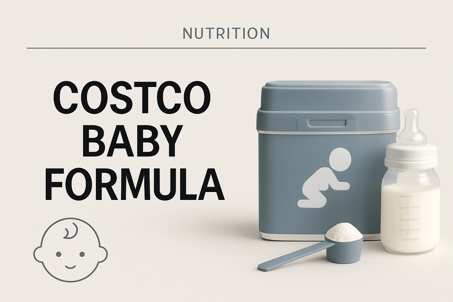 A container of baby formula, a scoop with powder, and a baby bottle filled with milk are arranged next to text reading "Costco Baby Formula.