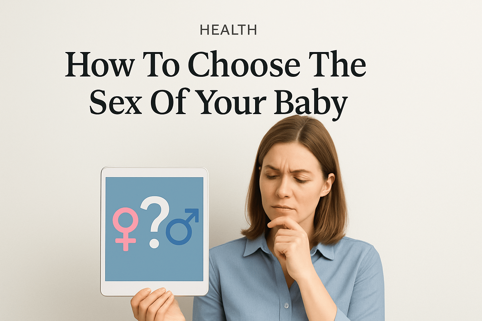 A woman holding a tablet with female, male, and question mark symbols, under the text "How To Choose The Sex Of Your Baby.