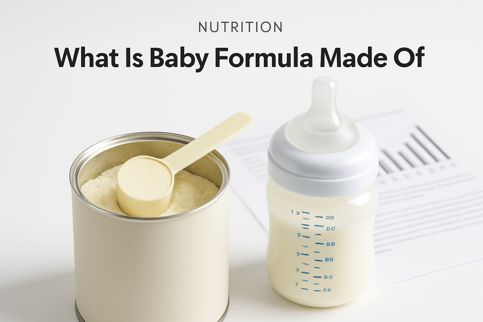 An open can of baby formula powder with a scoop, a filled baby bottle with a nipple, and a printed document in the background.