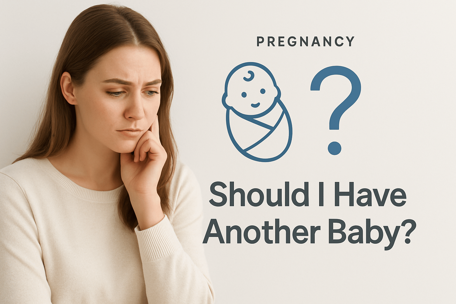 A woman looks thoughtful and concerned next to text and icons asking, “Pregnancy. Should I Have Another Baby?”.