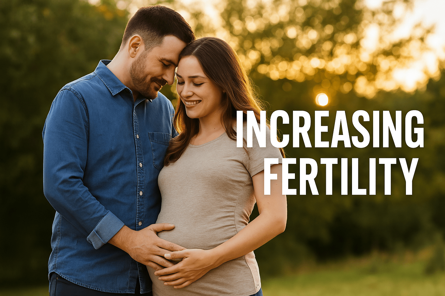 A man and a pregnant woman stand outdoors at sunset, smiling and touching her belly. Large text reads "Increasing Fertility.