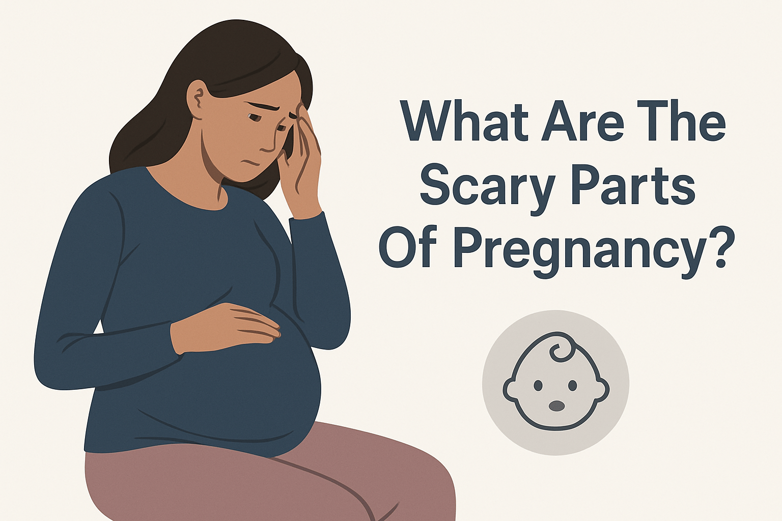 Illustration of a worried pregnant woman sitting with one hand on her belly and the other on her forehead, next to the text "What Are The Scary Parts Of Pregnancy?" and a baby face icon.
