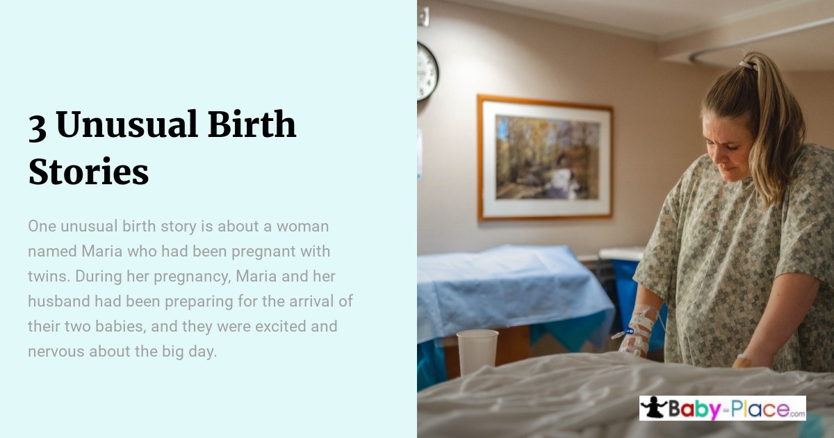 A woman in a hospital gown stands by a hospital bed in a maternity room, looking down with a serious expression. Text about unusual birth stories is on the left.