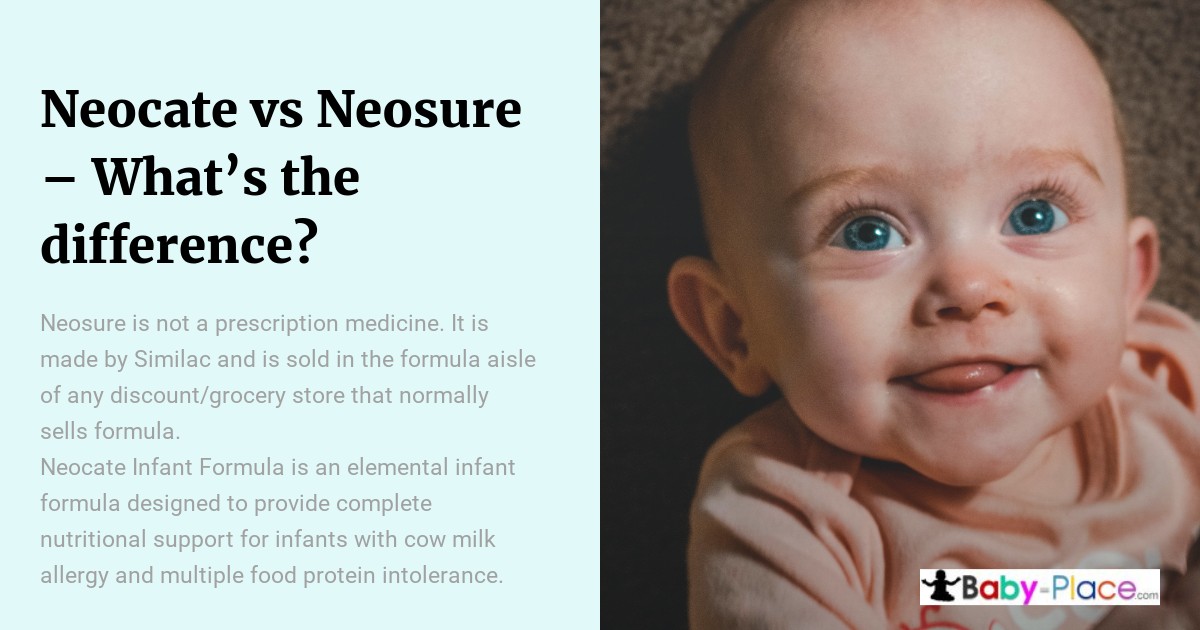 An infant in a light brown outfit looks upward with a curious expression. Text beside them compares Neocate and Neosure formula differences.