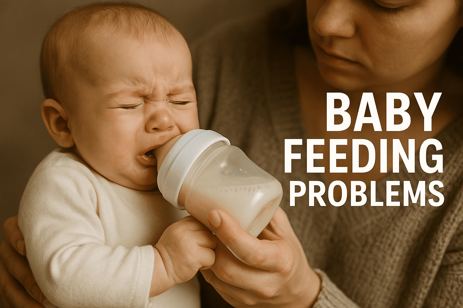 An adult tries to feed a crying baby with a bottle. The text on the image reads "Baby Feeding Problems.