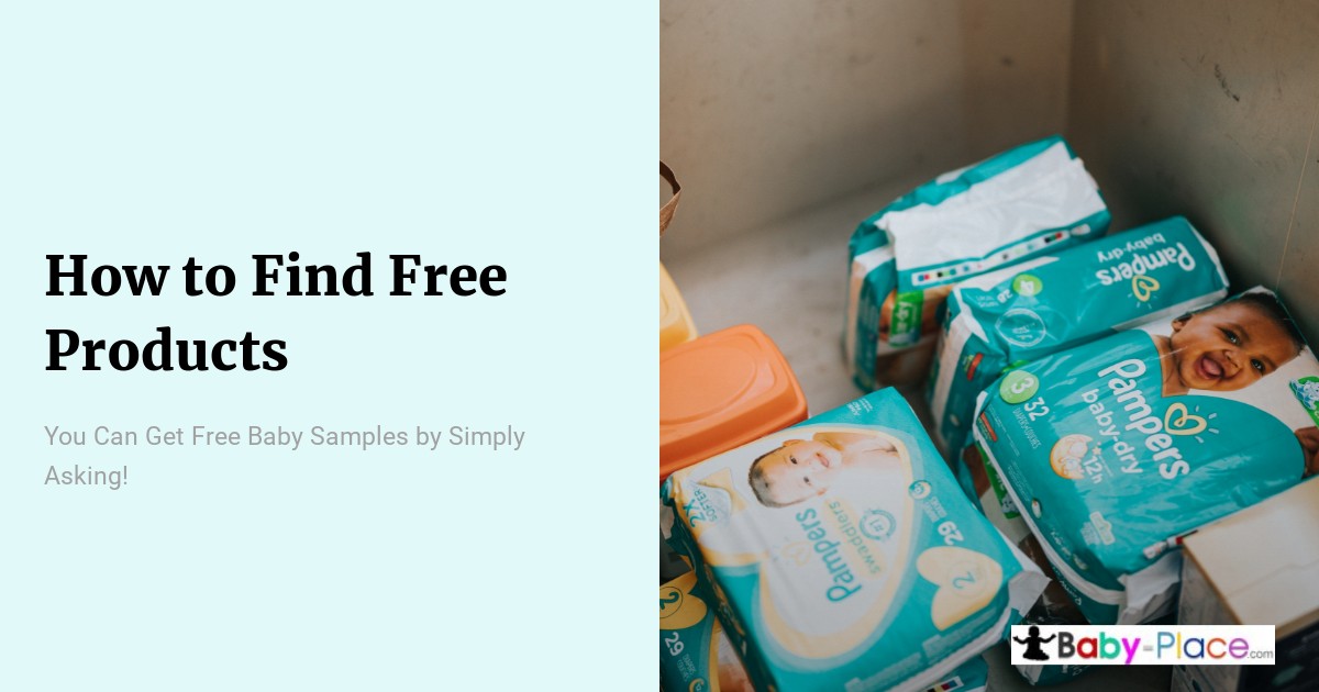 A collection of baby diapers and wipes arranged in a storage area beside text about obtaining free baby samples.
