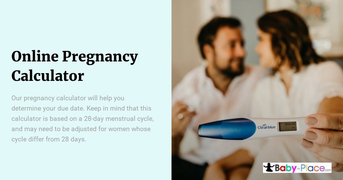 A couple sits together as the woman holds a positive pregnancy test; text on the left explains an online pregnancy calculator based on a 28-day menstrual cycle.