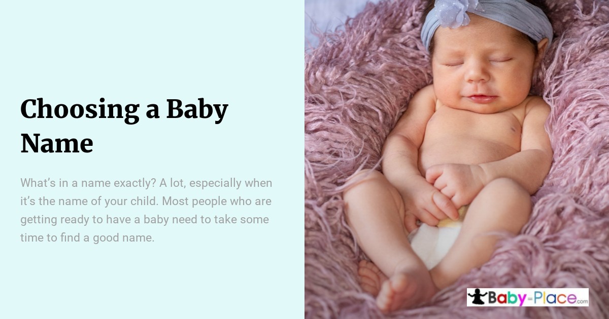 Newborn baby sleeping on a soft pink blanket, wearing a grey headband with a bow, next to text about choosing a baby name.