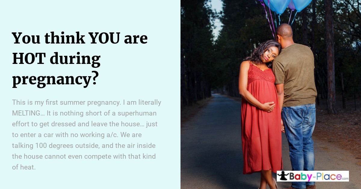 A pregnant woman in a red dress leans on a man holding balloons while standing on a tree-lined road at sunset. Text about feeling hot during pregnancy is displayed on the image.