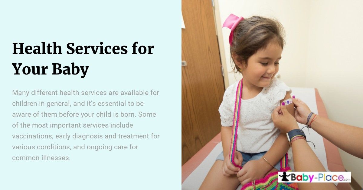 A young child sits on an exam table smiling as a healthcare worker applies a bandage to her arm, with a poster about baby health services beside them.