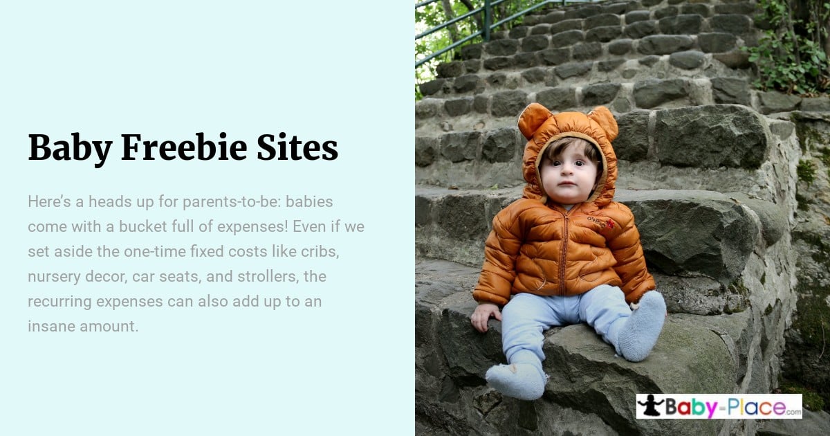 A toddler in a brown bear-ear hooded jacket sits on stone steps outdoors; beside the photo, text discusses baby-related expenses and freebie sites.