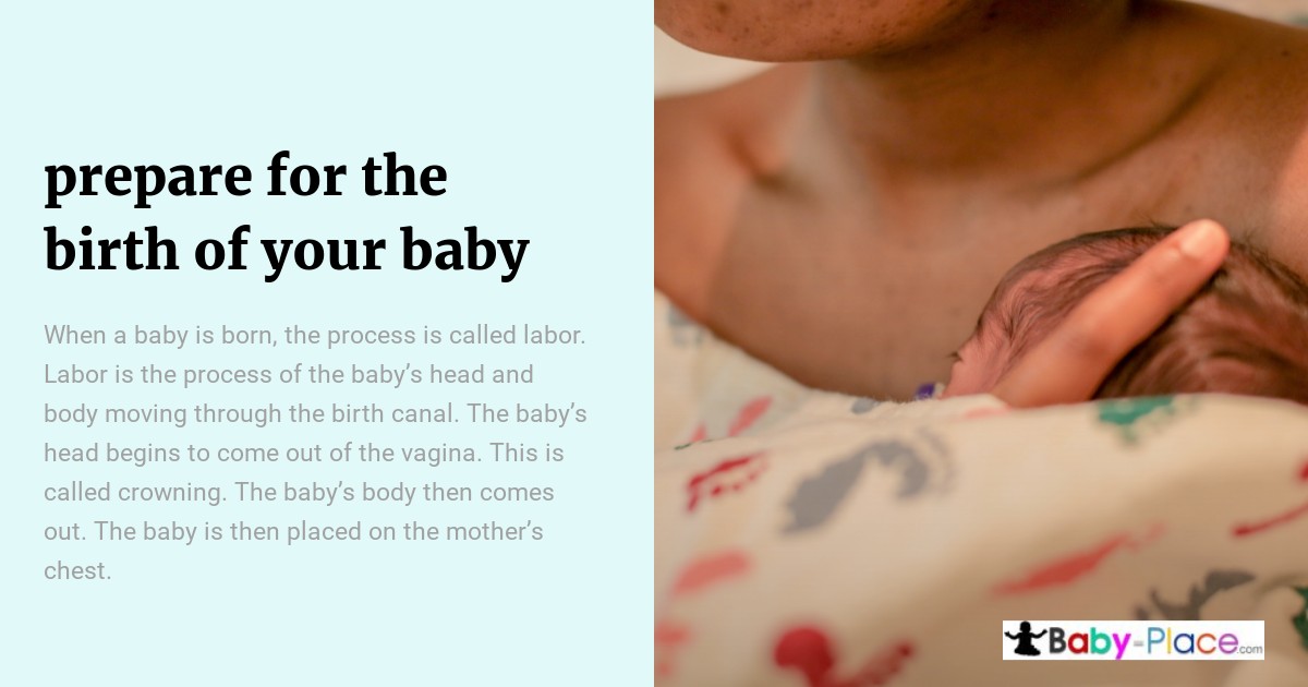 A newborn baby rests on a person's chest, partially covered by a blanket, next to a block of text about preparing for childbirth.