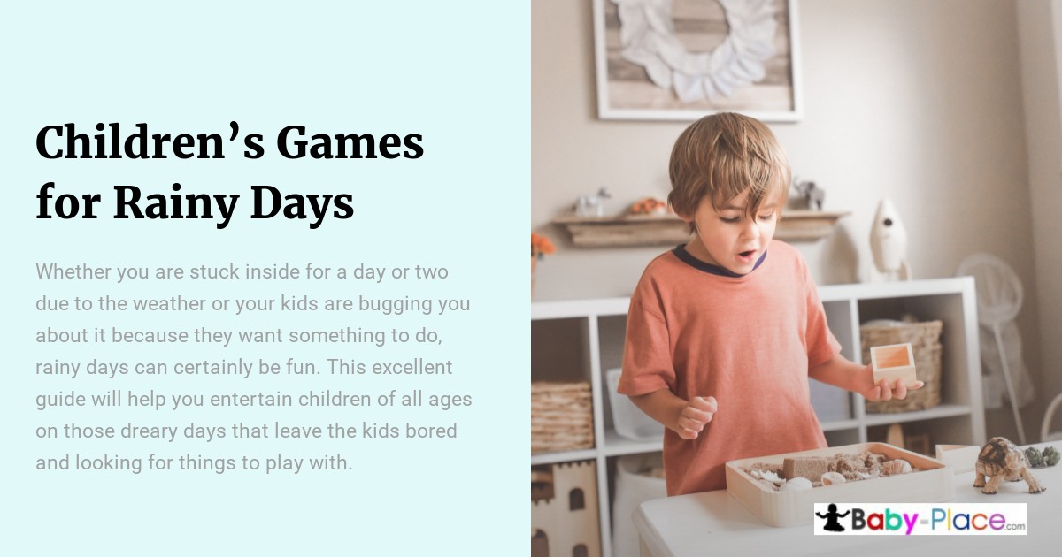 A young boy plays excitedly at a sensory table indoors. Text on the image promotes children's games for rainy days from Baby-Place.com.