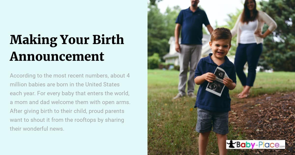 A young boy stands outside holding a photo, smiling, with two adults slightly blurred in the background near him. Text about birth announcements is visible on the left side of the image.