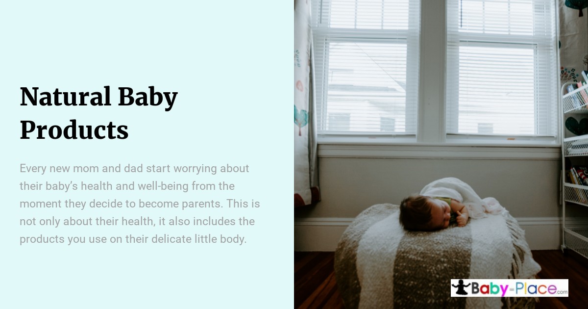 A baby lies on a cushioned surface in a softly lit room next to shelves, with text promoting natural baby products on the left side of the image.