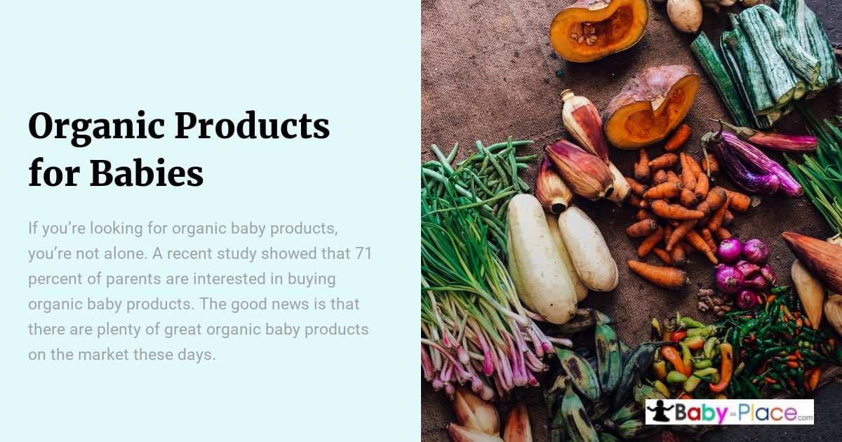 A variety of fresh vegetables are arranged on a dark surface next to text about organic baby products.