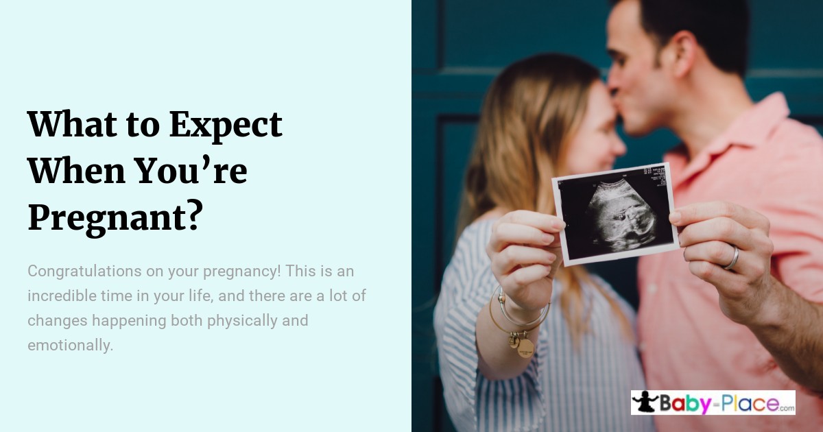 A couple stands together; the woman holds an ultrasound photo. Text on the left reads "What to Expect When You're Pregnant?" with a short message about pregnancy changes.