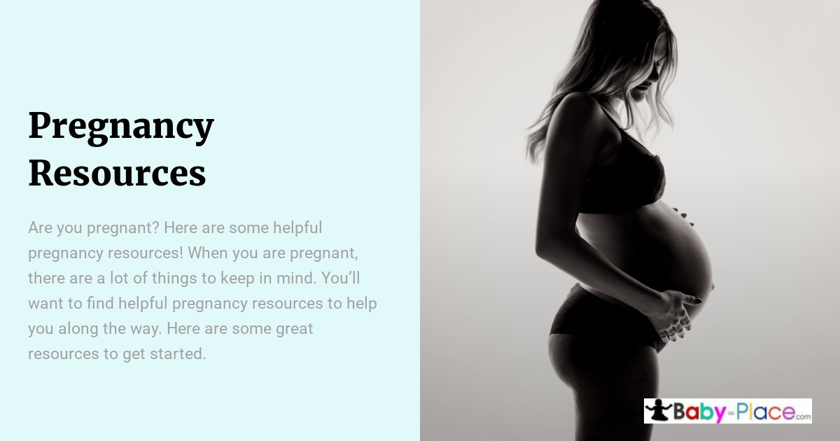 A pregnant woman holding her belly stands in profile beside text offering pregnancy resources and information from Baby-Place.com.