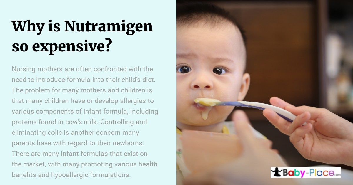 A baby being fed with a spoon. Text on the left discusses the high cost of Nutramigen and its benefits for children with allergies.