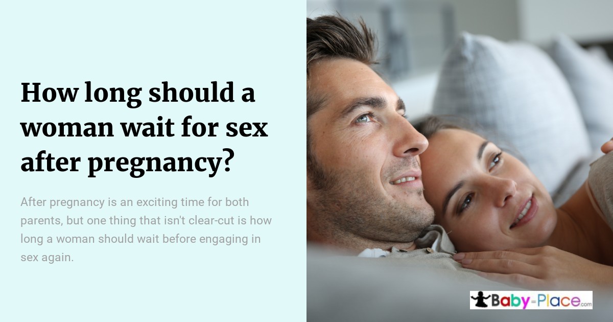 Couple relaxing on a couch. Text on the left discusses post-pregnancy waiting times for resuming sexual activity. Baby-Place.com logo in the bottom right corner.