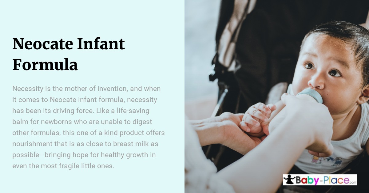 A caregiver feeds a baby with a bottle; text describes the benefits of Neocate infant formula for babies who cannot digest other formulas.