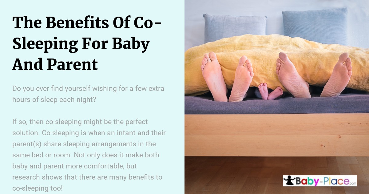 A parent and child lie in bed together under a yellow blanket, with only their feet visible, next to text about the benefits of co-sleeping.