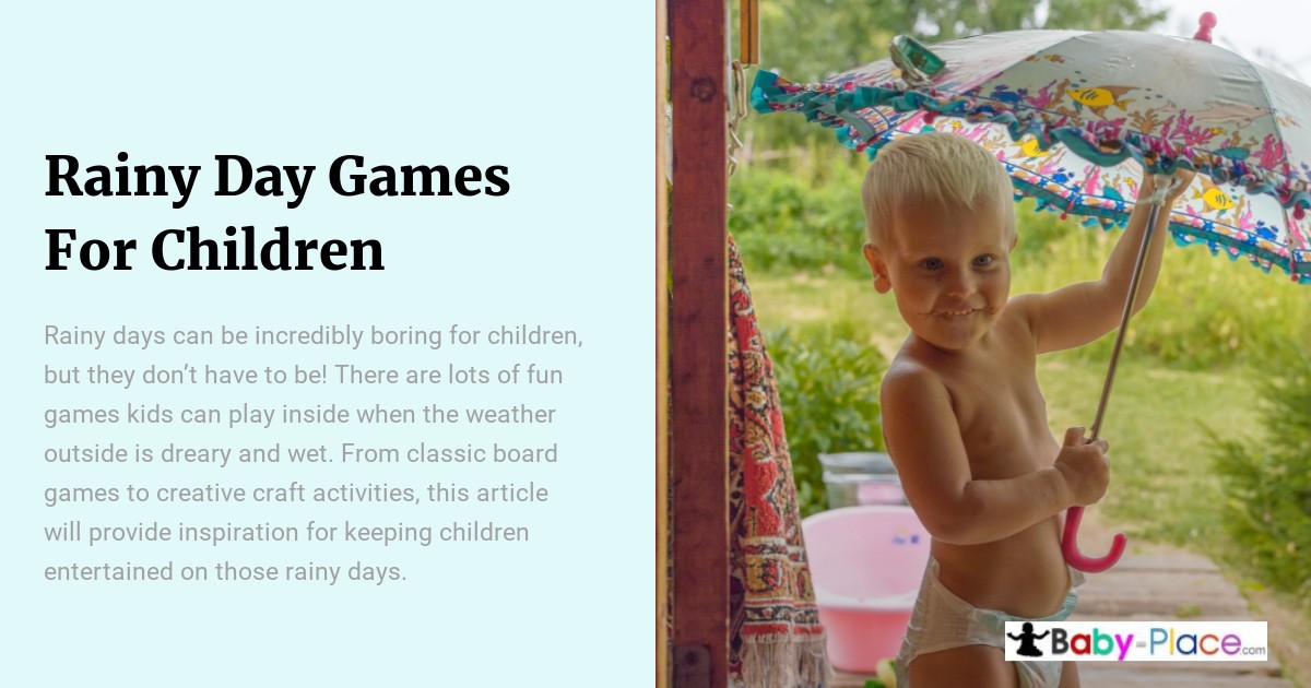 A young child holds a colorful umbrella indoors, standing next to toys, with text about rainy day games for children on the left side of the image.