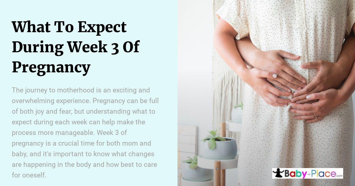A pregnant person stands with hands on their belly, supported by another person from behind. Text discusses what to expect during week 3 of pregnancy. Baby Place logo at the bottom.