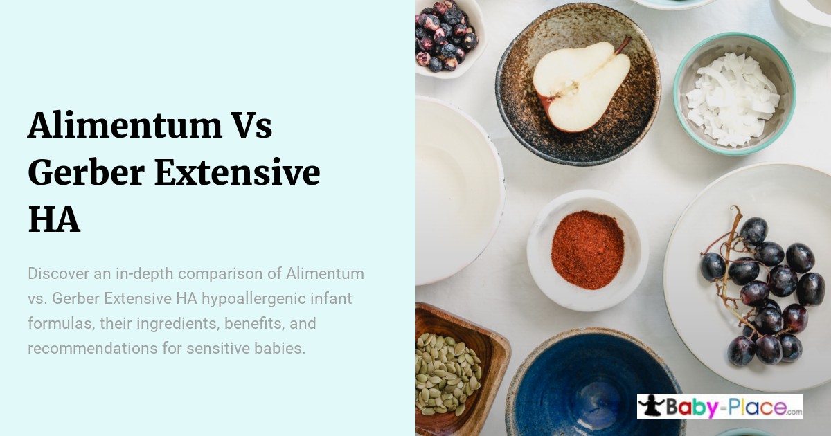 A comparison between Alimentum and Gerber Extensive HA infant formulas is shown alongside various food ingredients and utensils on a white surface.
