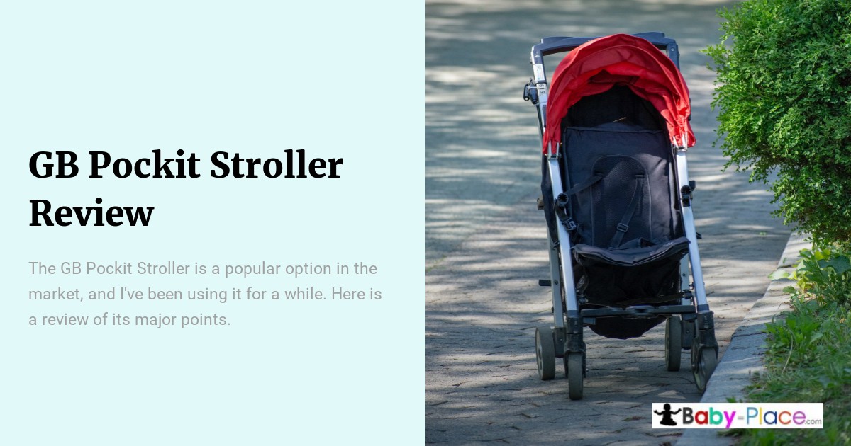 A black and red stroller is parked on a paved path next to grass, shown alongside a GB Pockit Stroller Review text on a light blue background.