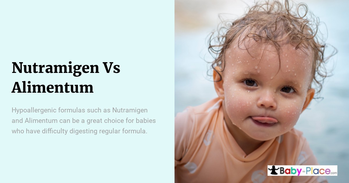 A baby with wet, curly hair and droplets on their face looks at the camera and sticks out their tongue. Text discusses Nutramigen vs Alimentum formulas.