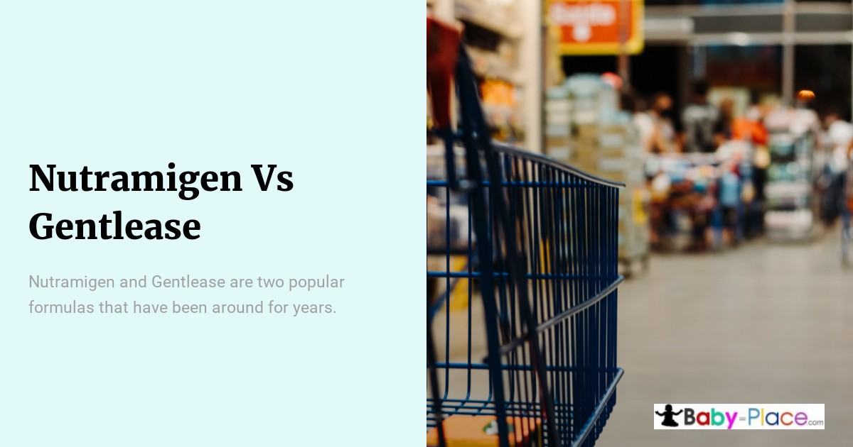 A close-up of an empty shopping cart in a store aisle, with text on a pale background comparing Nutramigen vs Gentlease baby formulas.