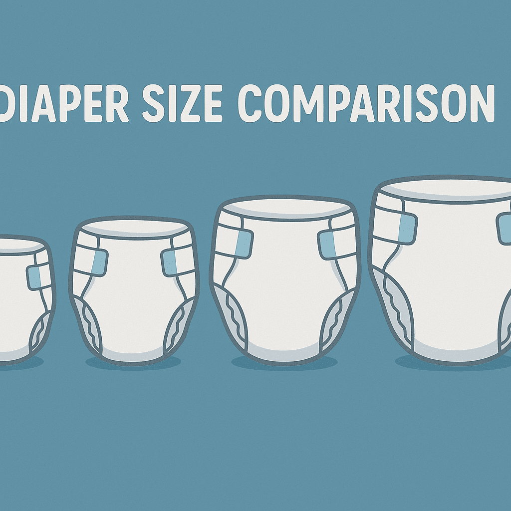 Illustration showing four different sizes of diapers arranged from smallest to largest beneath the heading "Diaper Size Comparison" on a blue background.
