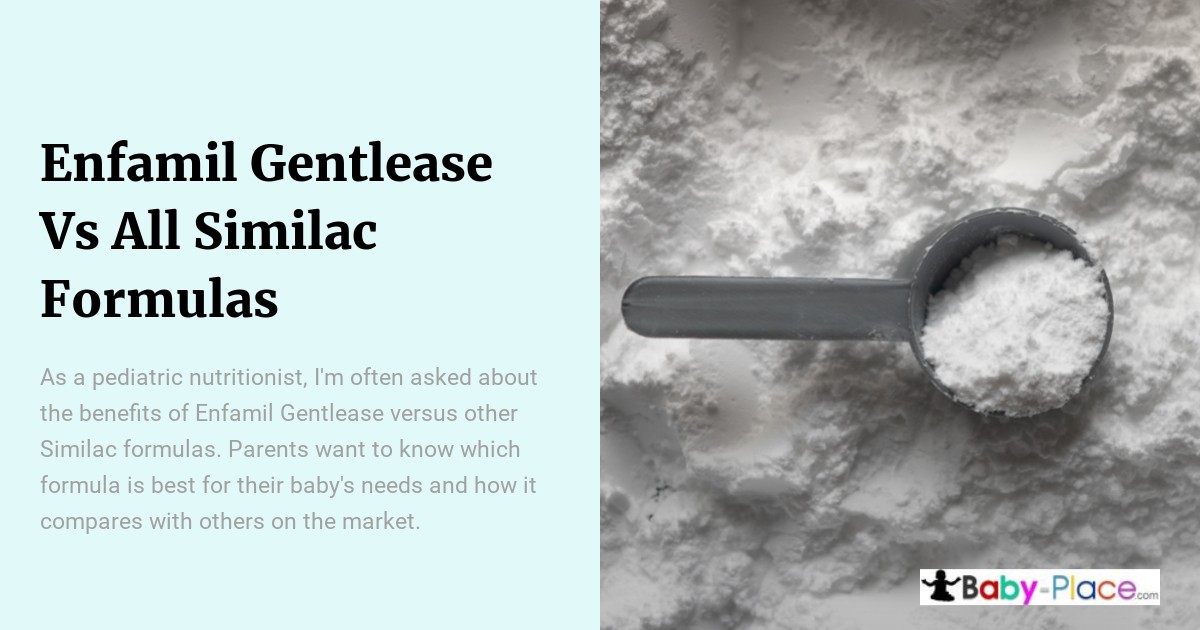 A gray scoop filled with powder sits on a white powdered surface next to a text box discussing Enfamil Gentlease versus Similac formulas.