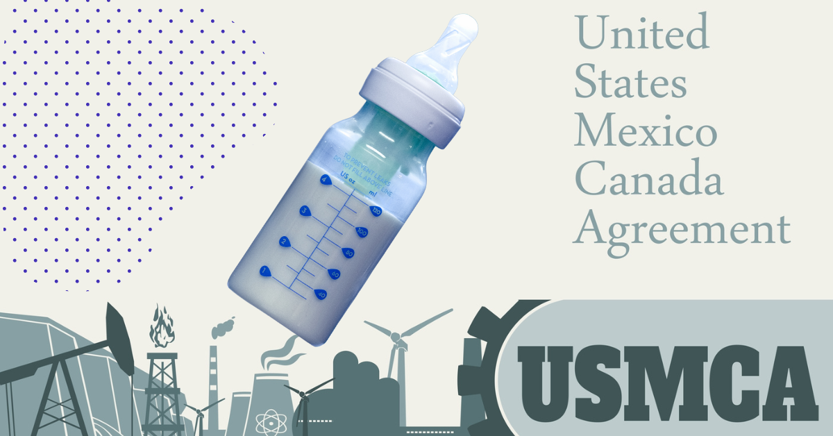 A baby bottle filled with milk is centered over industrial and energy-themed graphics, with the text "United States Mexico Canada Agreement" and "USMCA" displayed on the right.