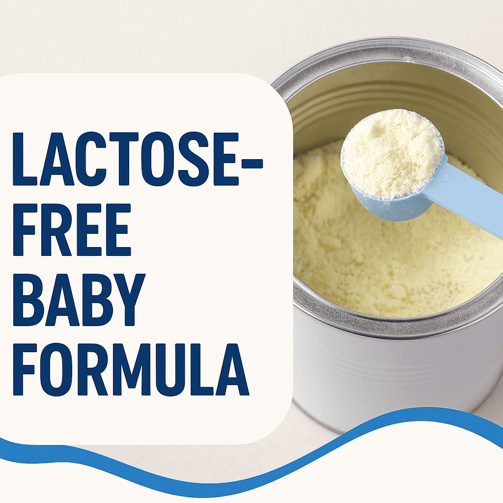 An open can of powdered baby formula with a blue scoop, next to text that reads "Lactose-Free Baby Formula.