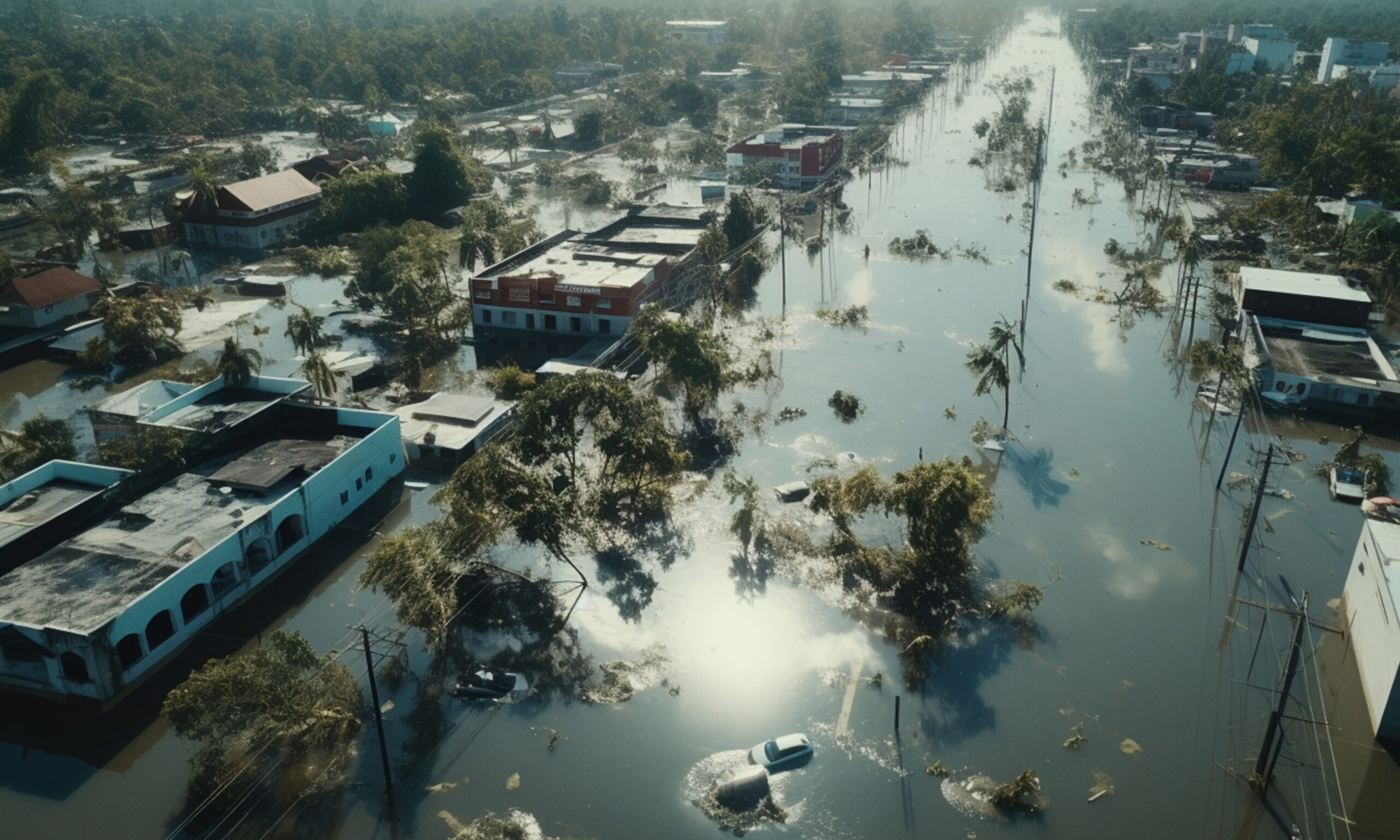 Aerial view of a flooded town with submerged buildings, trees, and vehicles. Water covers streets and large areas, indicating severe flooding.