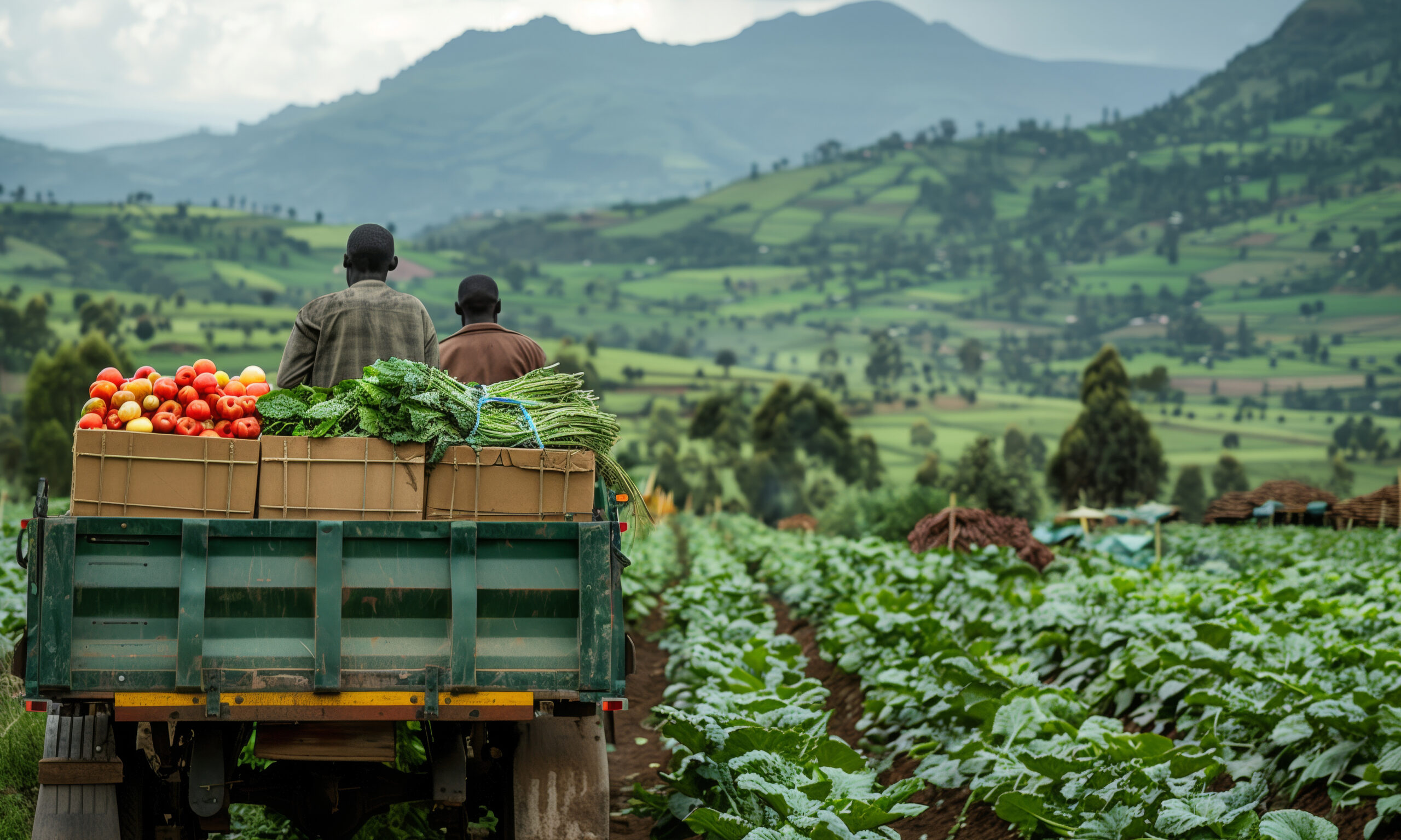 Two people ride on a truck loaded with vegetables through a lush green farm, with rolling hills and mountains visible in the background.