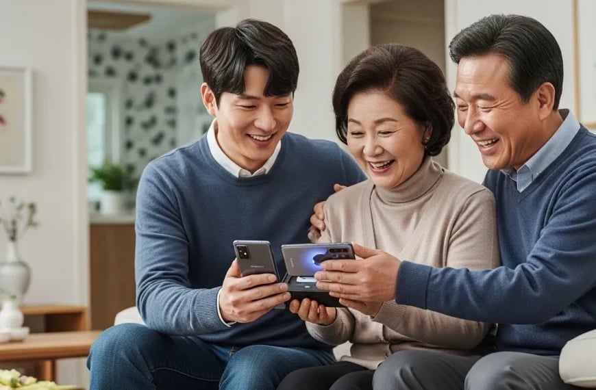 부모님께 삼성 스마트폰을선물로 드리는 20대 자녀의 모습과 행복해하는 한국인 부모님