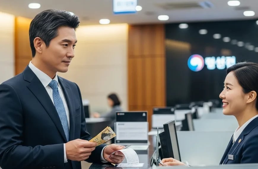 은행에서 채무를 해결하고 좋아하는 40대 잘생긴 한국인 남성2