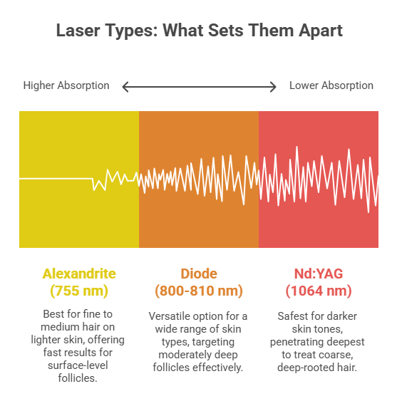 Alexandrite, Diode and Nd YAG wavelength overview
