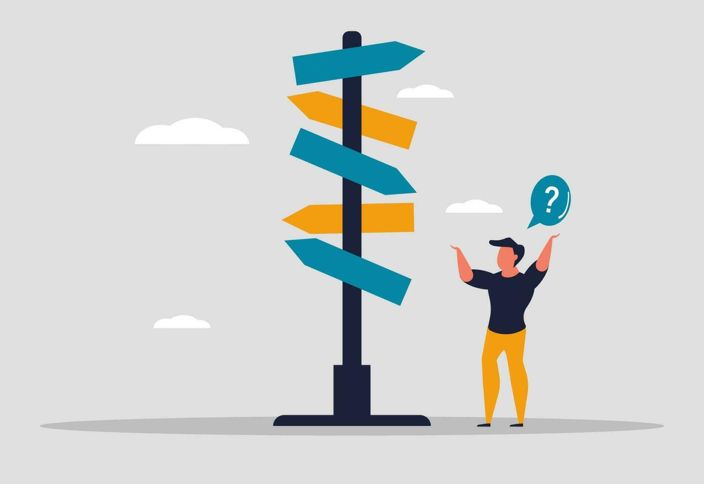 A person stands near a signpost with arrows pointing in different directions. The person looks confused and has a question mark above their head, symbolizing uncertainty or indecision.