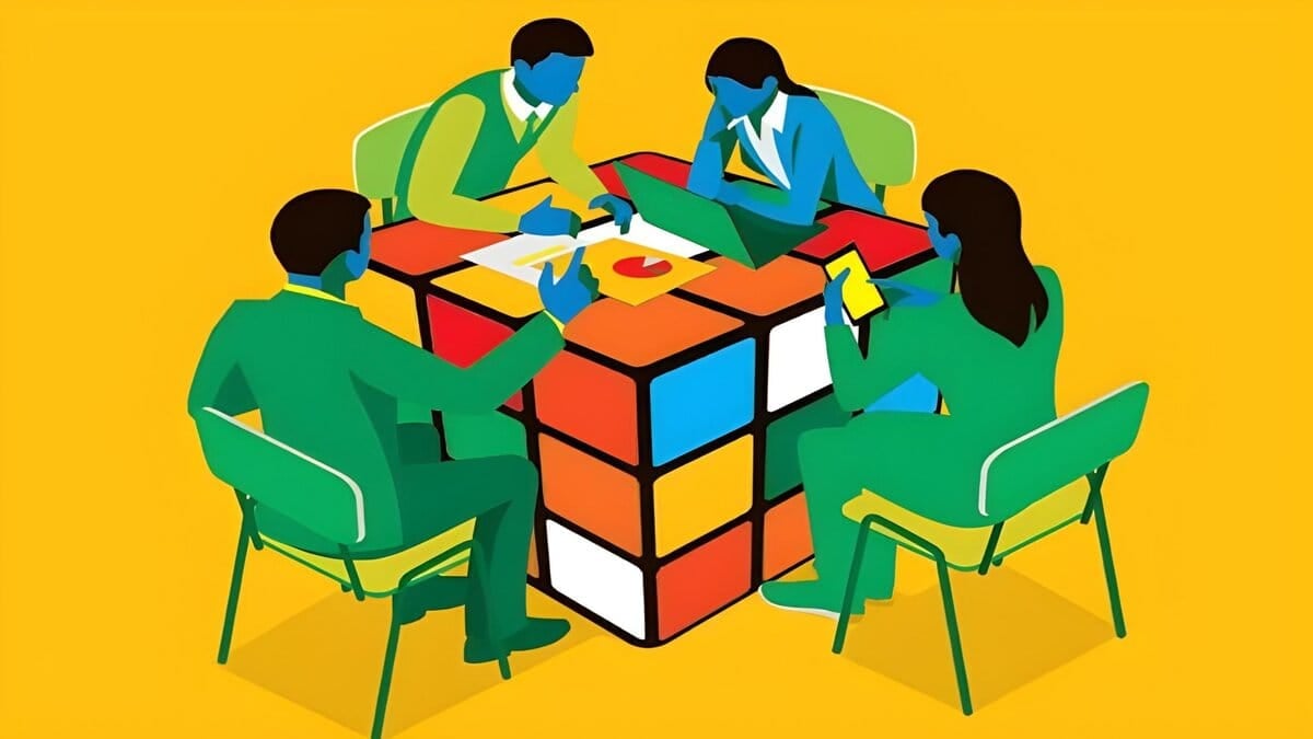Four people in business attire sit around a large Rubik’s cube table, engaged in discussion and working with papers, a laptop, and a phone, set against a bright yellow background.