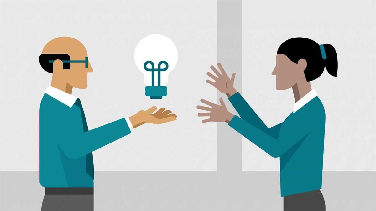 Бизнесийн санаагаа хуваалцаж буй хоёр хүний зураг. Зүүн талд байгаа халзан, нүдний шил зүүсэн хүн гэрэлтдэг гэрлийн чийдэнг барьж байна. Баруун талд байгаа урт үсээ боосон хүн гараа сунгаж, компанийнхаа талаар ярилцаж байгаа бололтой. - Business.MN