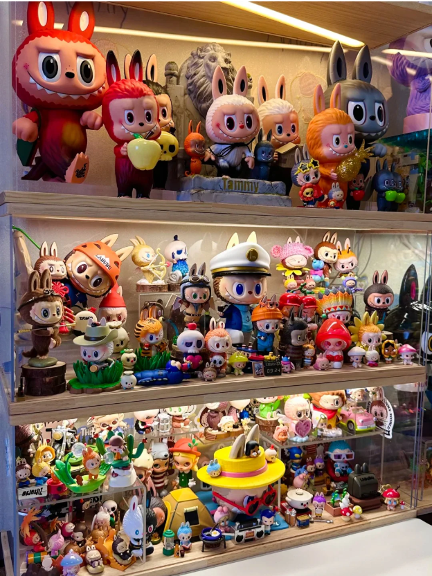 Тавиурууд нь дэлхийн баатрууд, амьтдын хувцас өмссөн, уран сэтгэмжтэй эд зүйлс, дуртай Лабубу загвар бүхий өнгөлөг, хачирхалтай тоглоомын барималуудаар дүүрэн, бүгдийг нь шилэн хайрцагт эмх цэгцтэй байрлуулсан. - Business.MN