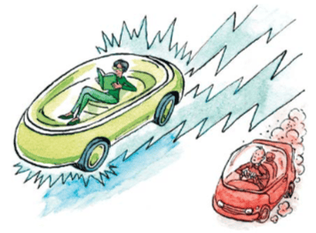 Уншиж, амарч буй хэн нэгний жолооддог футурист ногоон машин гялалзсан шугамаар хурдан хөдөлж байна. Ард нь санаа зовсон хоёр хүнтэй хуучин улаан машин утаа гарган дагаж явна. - Business.MN