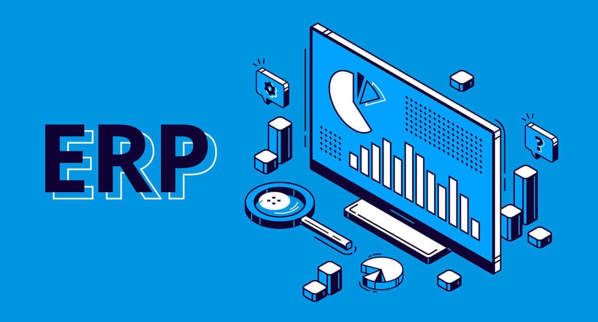 ERP (Enterprise Resource Planning) концепцийн зураглал. Компьютерийн дэлгэц нь цэнхэр дэвсгэр дээр араа, шоо гэх мэт 3D дүрсээр хүрээлэгдсэн график, диаграммуудыг харуулдаг. Зүүн талд "ERP" үсэг тод харагдаж байна. - Business.MN