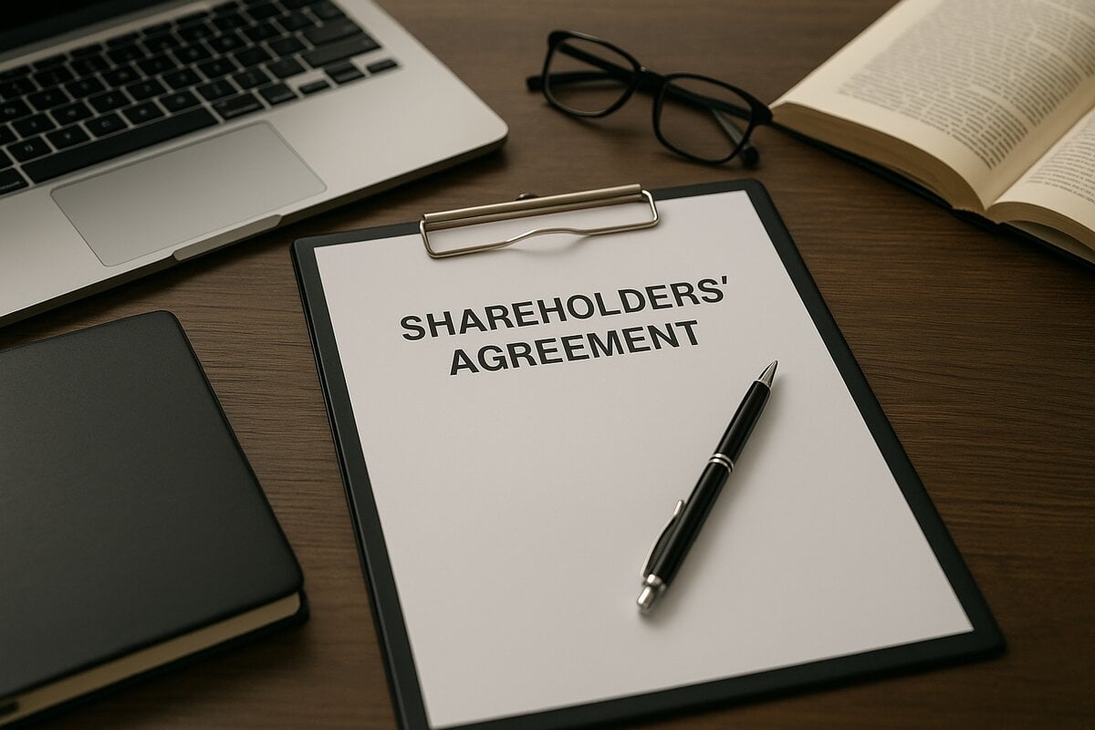 Хувьцаа эзэмшигчийн гэрээ" гэсэн бичиг баримт бүхий санах ой нь үзэг, нээлттэй ном, нүдний шил, битүү дэвтэр, зөөврийн компьютерын хажуугийн ширээн дээр байрладаг. - Business.MN