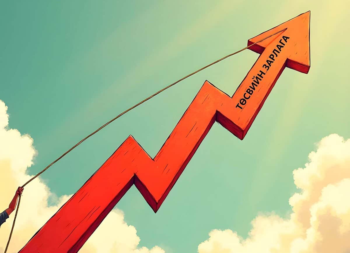 Illustration of a red zigzag arrow pointing upward against a sky with clouds. A hand is holding a rope attached to the arrow. The text on the arrow reads "ТӨСВИЙН ЗАРЛАГА," which means "budget expenditure" in Mongolian.